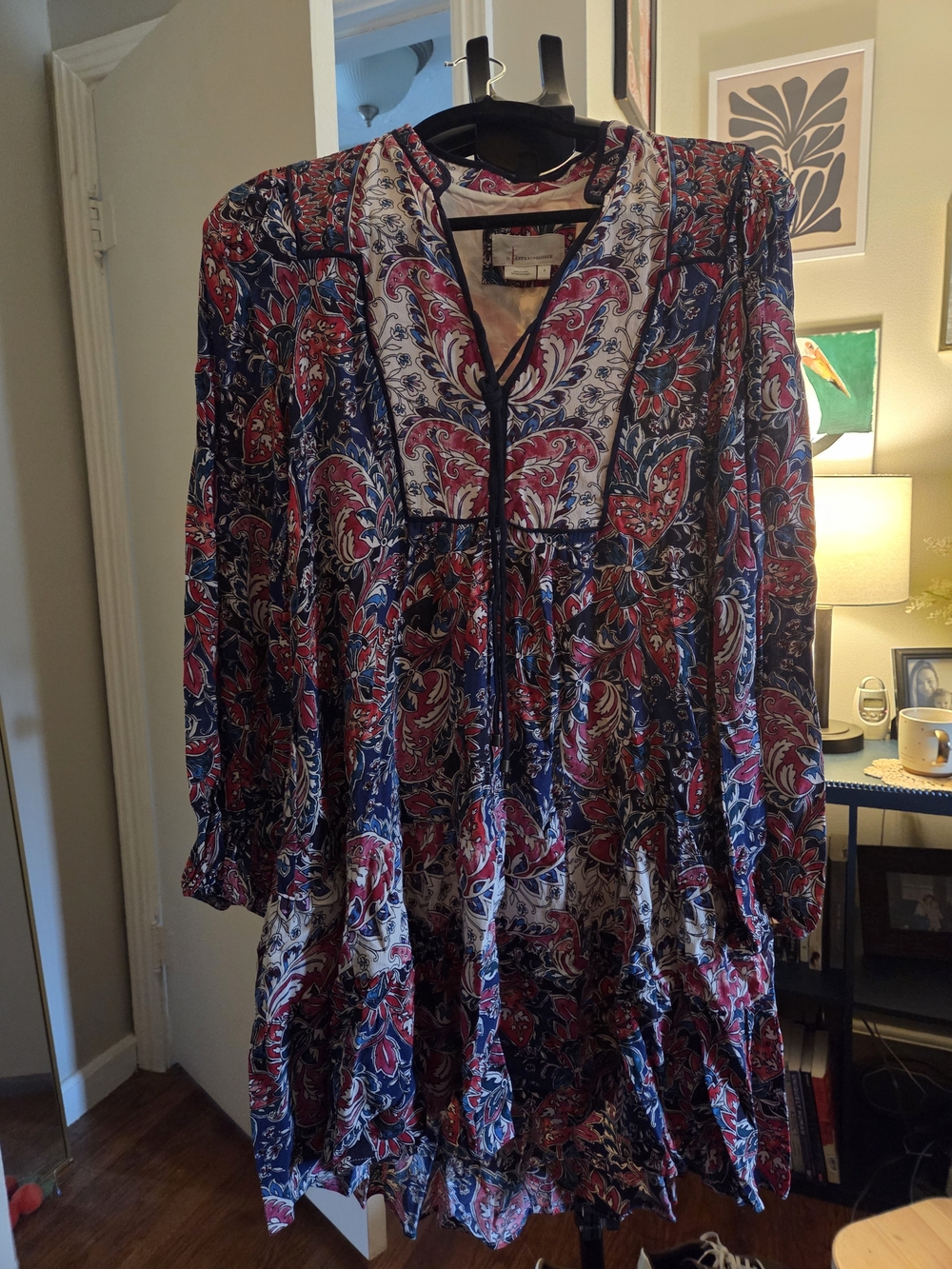 Anthropologie Boho Paisley Long-Sleeve Mini Dress in Navy and Red